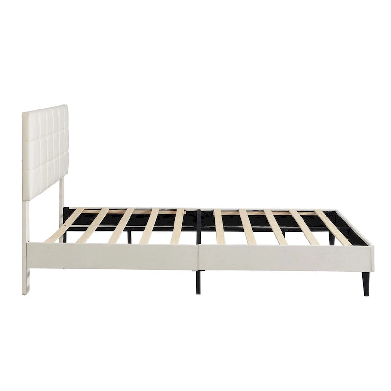 Lit plateforme rembourré, tête de lit capitonnée carrée, tissu, style moderne, beige/gris, double/grand lit/très grand lit, 2 personnes