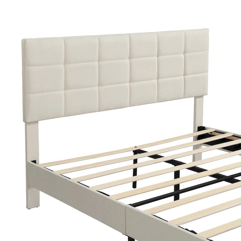 Lit plateforme rembourré, tête de lit capitonnée carrée, tissu, style moderne, beige/gris, double/grand lit/très grand lit, 2 personnes