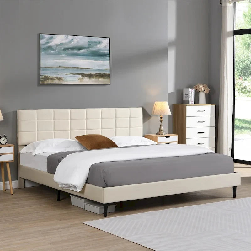 Lit plateforme rembourré, tête de lit capitonnée carrée, tissu, style moderne, beige/gris, double/grand lit/très grand lit, 2 personnes