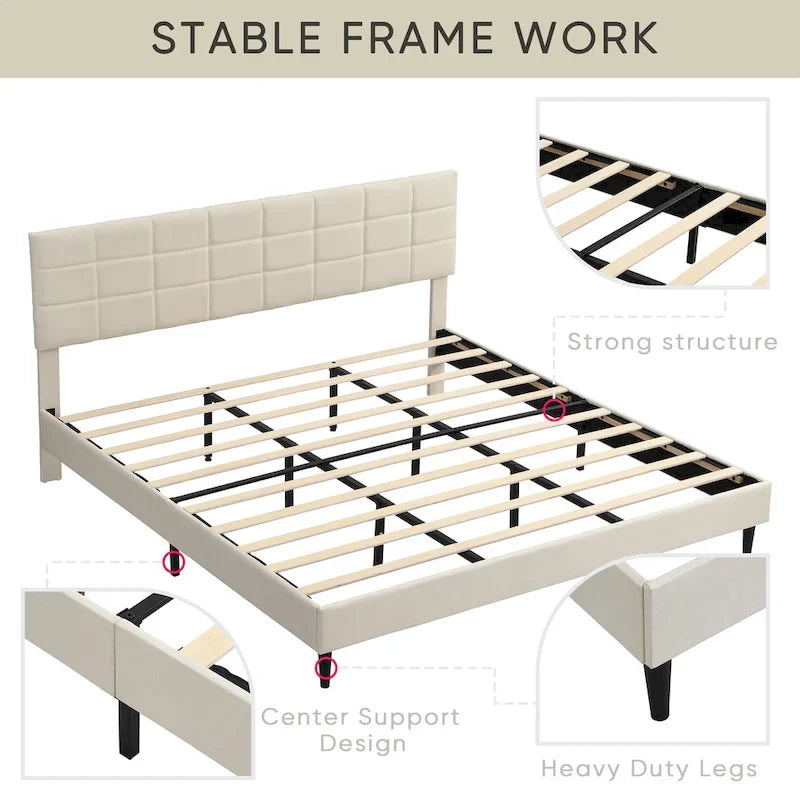 Lit plateforme rembourré, tête de lit capitonnée carrée, tissu, style moderne, beige/gris, double/grand lit/très grand lit, 2 personnes