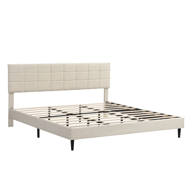 Lit plateforme rembourré, tête de lit capitonnée carrée, tissu, style moderne, beige/gris, double/grand lit/très grand lit, 2 personnes
