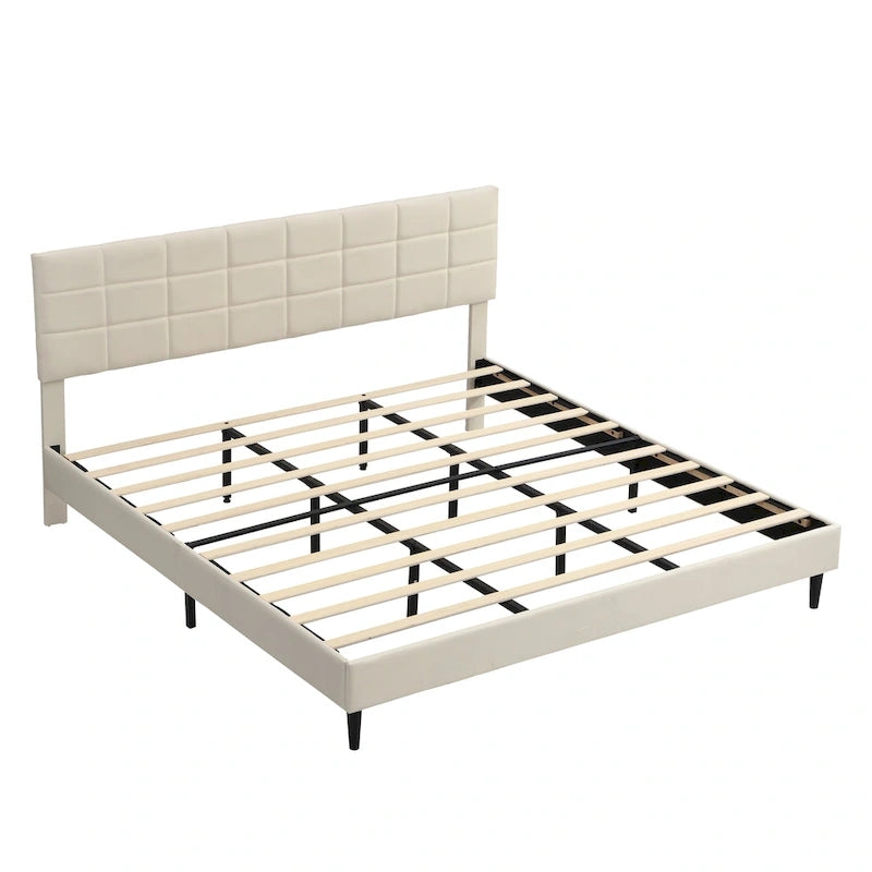 Lit plateforme rembourré, tête de lit capitonnée carrée, tissu, style moderne, beige/gris, double/grand lit/très grand lit, 2 personnes