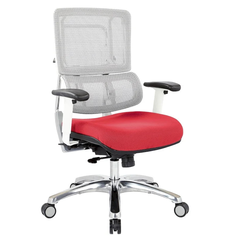 Chaise de bureau ergonomique pour manager, dossier en maille respirante, soutien lombaire réglable, inclinaison synchrone, piètement en aluminium poli, style moderne, violet / olive / jade / rouge / ciel / noir / bleu / orange, 1 personne