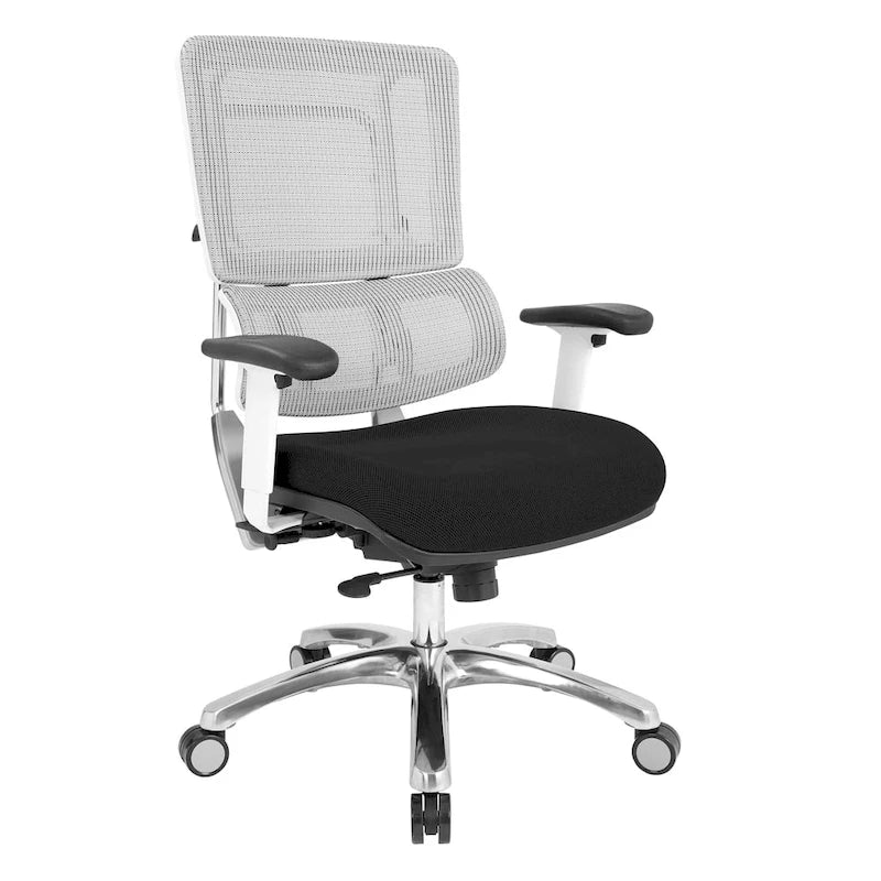 Chaise de bureau ergonomique pour manager, dossier en maille respirante, soutien lombaire réglable, inclinaison synchrone, piètement en aluminium poli, style moderne, violet / olive / jade / rouge / ciel / noir / bleu / orange, 1 personne