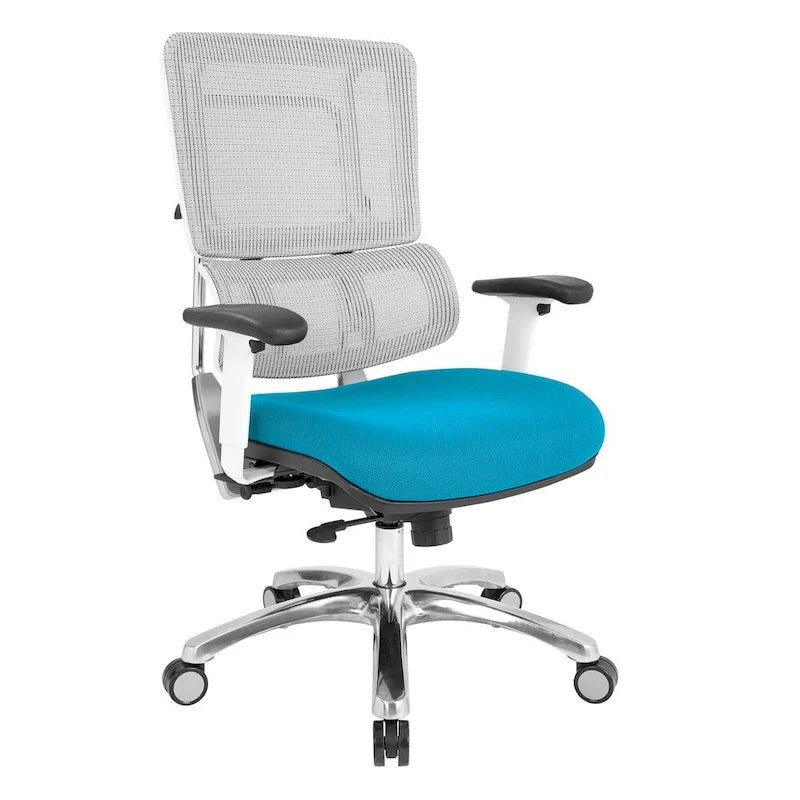 Chaise de bureau ergonomique pour manager, dossier en maille respirante, soutien lombaire réglable, inclinaison synchrone, piètement en aluminium poli, style moderne, violet / olive / jade / rouge / ciel / noir / bleu / orange, 1 personne
