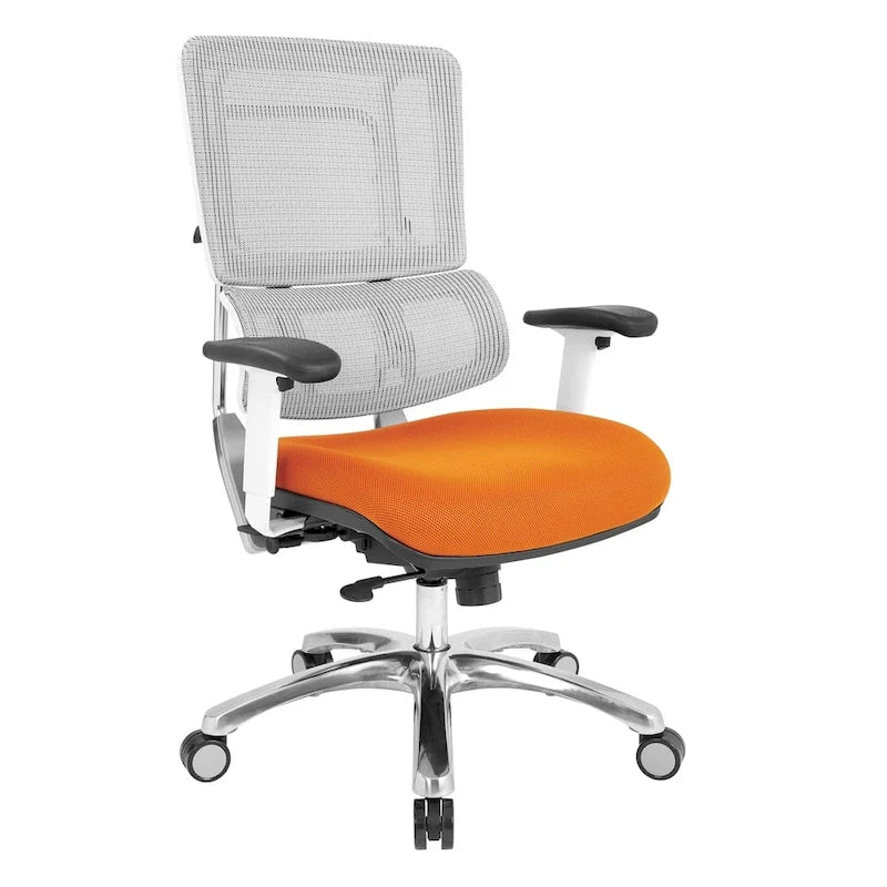 Chaise de bureau ergonomique pour manager, dossier en maille respirante, soutien lombaire réglable, inclinaison synchrone, piètement en aluminium poli, style moderne, violet / olive / jade / rouge / ciel / noir / bleu / orange, 1 personne
