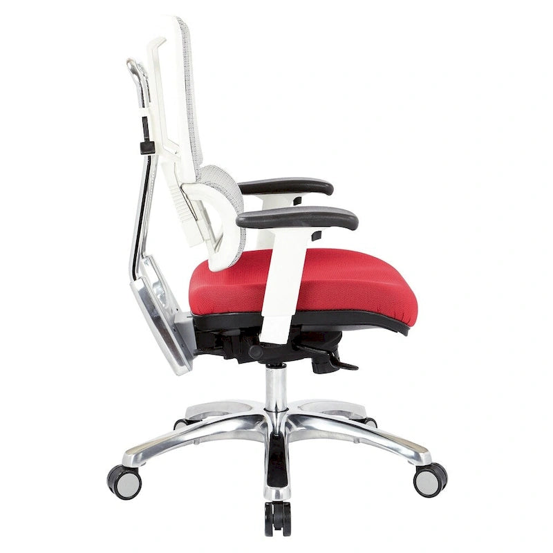 Chaise de bureau ergonomique pour manager, dossier en maille respirante, soutien lombaire réglable, inclinaison synchrone, piètement en aluminium poli, style moderne, violet / olive / jade / rouge / ciel / noir / bleu / orange, 1 personne