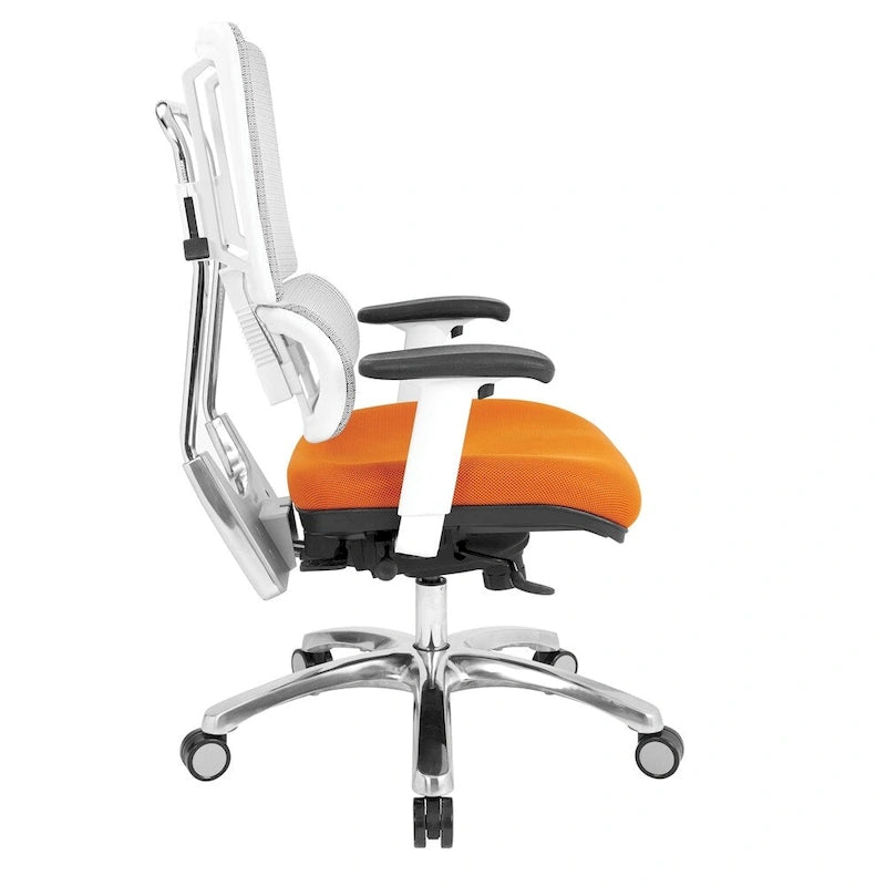 Chaise de bureau ergonomique pour manager, dossier en maille respirante, soutien lombaire réglable, inclinaison synchrone, piètement en aluminium poli, style moderne, violet / olive / jade / rouge / ciel / noir / bleu / orange, 1 personne