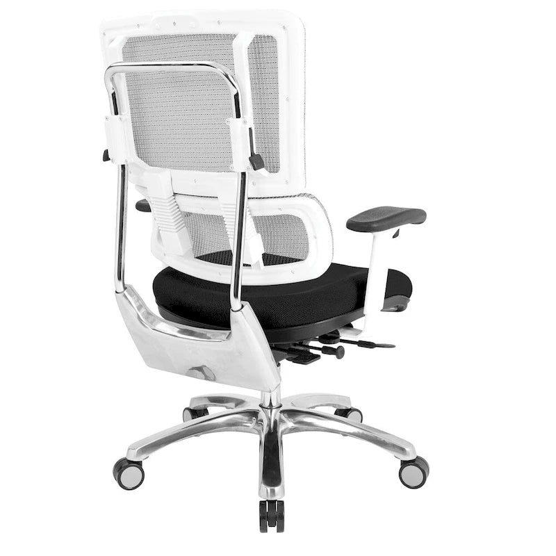 Chaise de bureau ergonomique pour manager, dossier en maille respirante, soutien lombaire réglable, inclinaison synchrone, piètement en aluminium poli, style moderne, violet / olive / jade / rouge / ciel / noir / bleu / orange, 1 personne