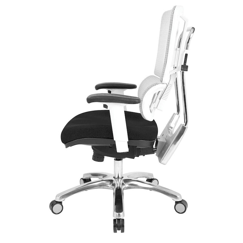 Chaise de bureau ergonomique pour manager, dossier en maille respirante, soutien lombaire réglable, inclinaison synchrone, piètement en aluminium poli, style moderne, violet / olive / jade / rouge / ciel / noir / bleu / orange, 1 personne