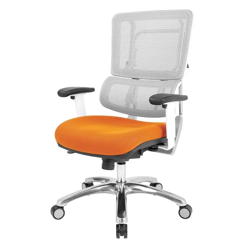 Chaise de bureau ergonomique pour manager, dossier en maille respirante, soutien lombaire réglable, inclinaison synchrone, piètement en aluminium poli, style moderne, violet / olive / jade / rouge / ciel / noir / bleu / orange, 1 personne