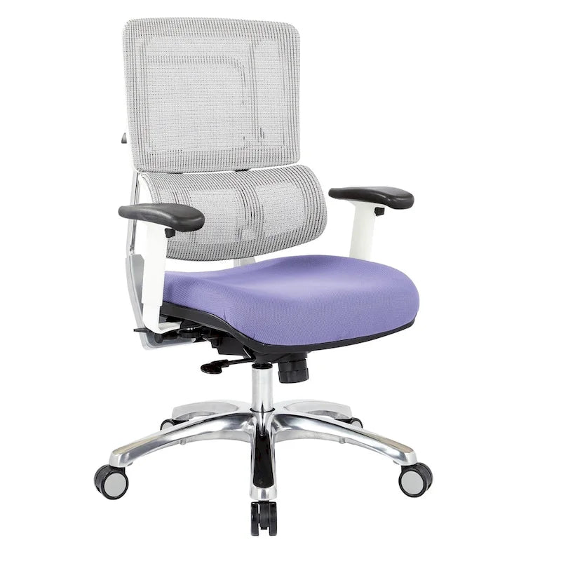 Chaise de bureau ergonomique pour manager, dossier en maille respirante, soutien lombaire réglable, inclinaison synchrone, piètement en aluminium poli, style moderne, violet / olive / jade / rouge / ciel / noir / bleu / orange, 1 personne