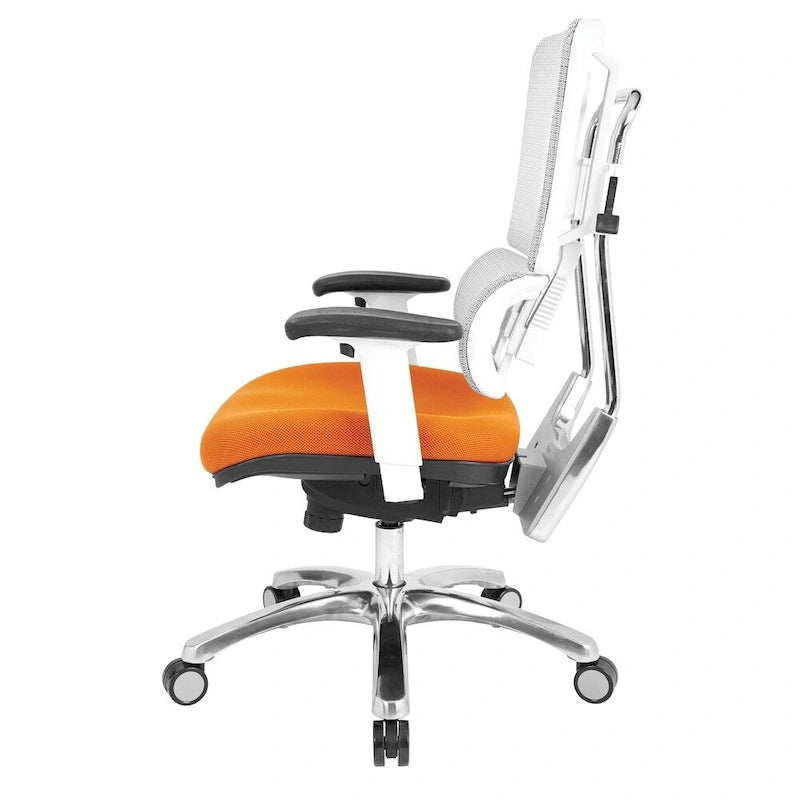 Chaise de bureau ergonomique pour manager, dossier en maille respirante, soutien lombaire réglable, inclinaison synchrone, piètement en aluminium poli, style moderne, violet / olive / jade / rouge / ciel / noir / bleu / orange, 1 personne