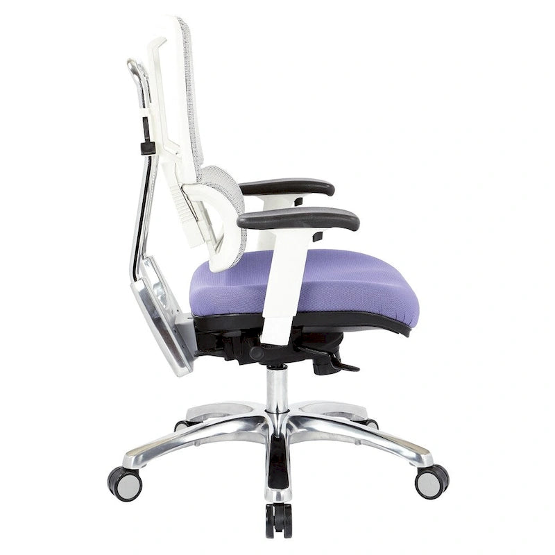 Chaise de bureau ergonomique pour manager, dossier en maille respirante, soutien lombaire réglable, inclinaison synchrone, piètement en aluminium poli, style moderne, violet / olive / jade / rouge / ciel / noir / bleu / orange, 1 personne