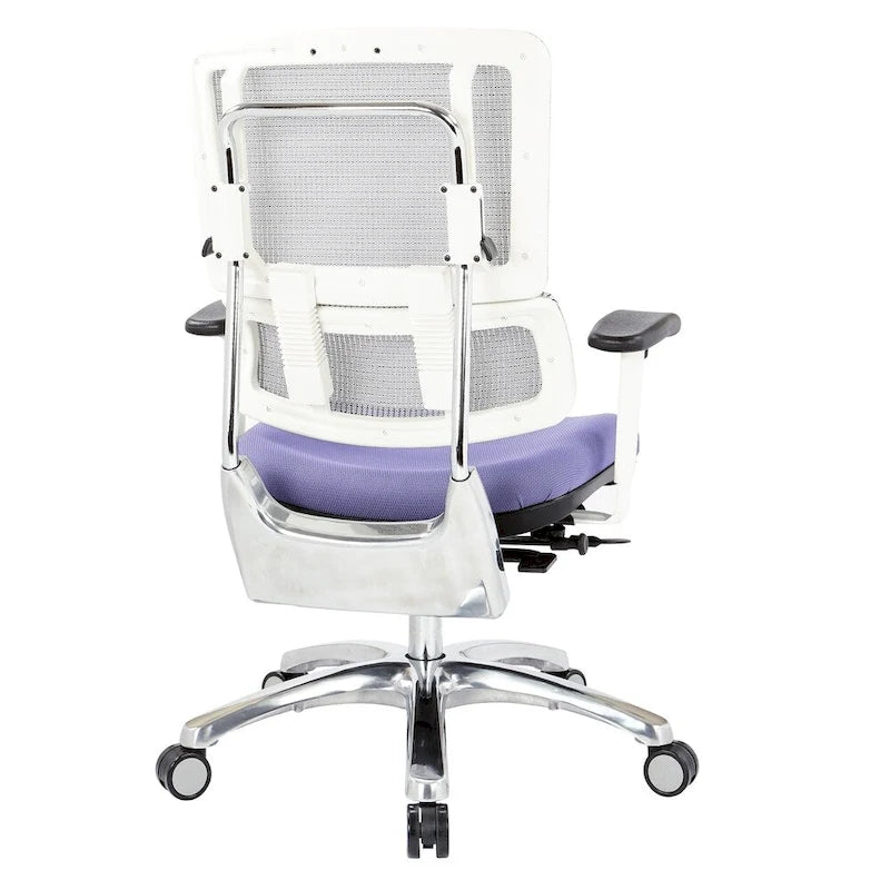 Chaise de bureau ergonomique pour manager, dossier en maille respirante, soutien lombaire réglable, inclinaison synchrone, piètement en aluminium poli, style moderne, violet / olive / jade / rouge / ciel / noir / bleu / orange, 1 personne