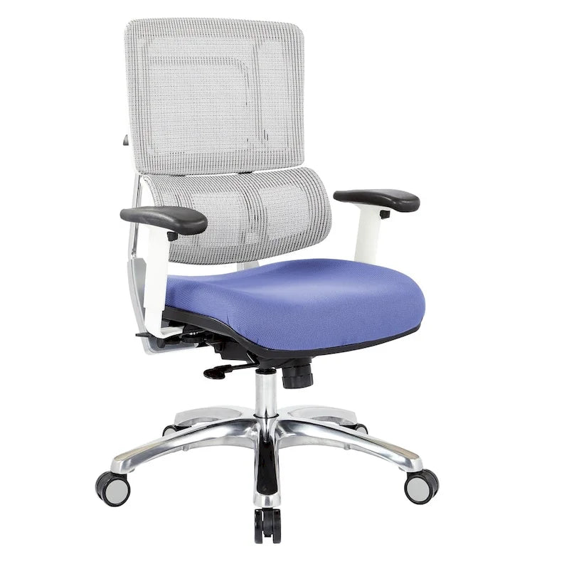 Chaise de bureau ergonomique pour manager, dossier en maille respirante, soutien lombaire réglable, inclinaison synchrone, piètement en aluminium poli, style moderne, violet / olive / jade / rouge / ciel / noir / bleu / orange, 1 personne