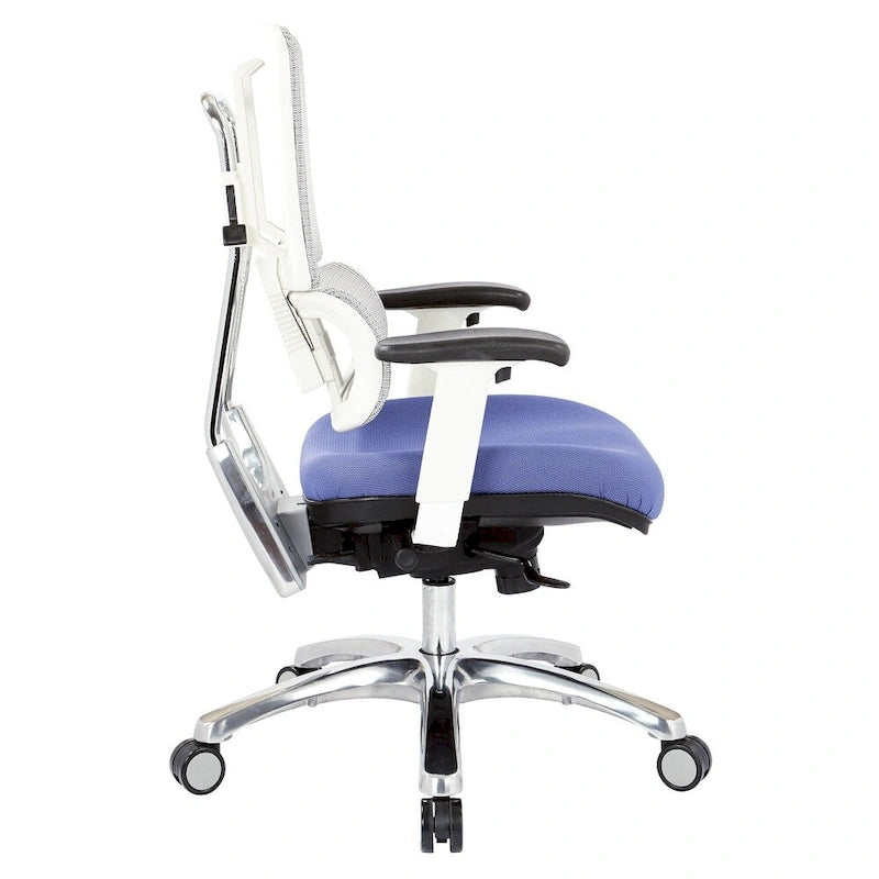 Chaise de bureau ergonomique pour manager, dossier en maille respirante, soutien lombaire réglable, inclinaison synchrone, piètement en aluminium poli, style moderne, violet / olive / jade / rouge / ciel / noir / bleu / orange, 1 personne