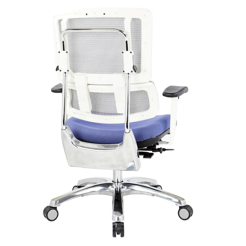 Chaise de bureau ergonomique pour manager, dossier en maille respirante, soutien lombaire réglable, inclinaison synchrone, piètement en aluminium poli, style moderne, violet / olive / jade / rouge / ciel / noir / bleu / orange, 1 personne