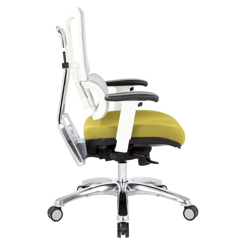 Chaise de bureau ergonomique pour manager, dossier en maille respirante, soutien lombaire réglable, inclinaison synchrone, piètement en aluminium poli, style moderne, violet / olive / jade / rouge / ciel / noir / bleu / orange, 1 personne