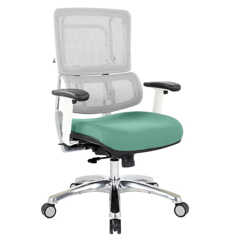 Chaise de bureau ergonomique pour manager, dossier en maille respirante, soutien lombaire réglable, inclinaison synchrone, piètement en aluminium poli, style moderne, violet / olive / jade / rouge / ciel / noir / bleu / orange, 1 personne