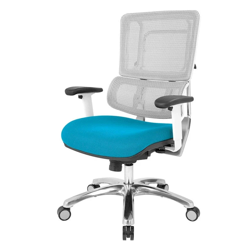 Chaise de bureau ergonomique pour manager, dossier en maille respirante, soutien lombaire réglable, inclinaison synchrone, piètement en aluminium poli, style moderne, violet / olive / jade / rouge / ciel / noir / bleu / orange, 1 personne