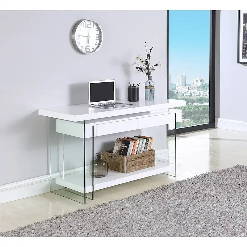 Bureau d'angle en L rotatif, panneaux en verre trempé, 2 tiroirs, 1 étagère, rotation à 360°, style moderne, blanc, 1 personne
