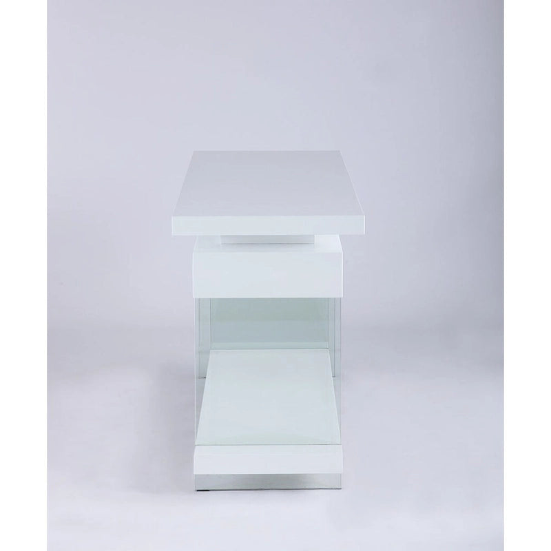 Bureau d'angle en L rotatif, panneaux en verre trempé, 2 tiroirs, 1 étagère, rotation à 360°, style moderne, blanc, 1 personne