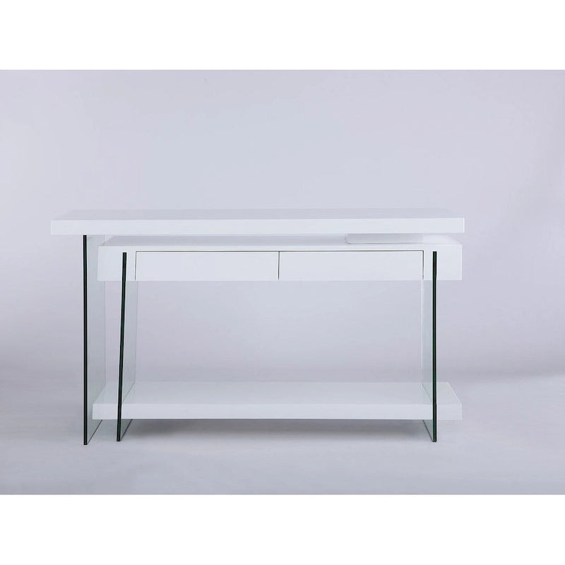 Bureau d'angle en L rotatif, panneaux en verre trempé, 2 tiroirs, 1 étagère, rotation à 360°, style moderne, blanc, 1 personne