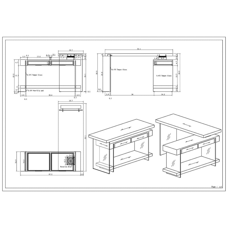 Bureau d'angle en L rotatif, panneaux en verre trempé, 2 tiroirs, 1 étagère, rotation à 360°, style moderne, blanc, 1 personne