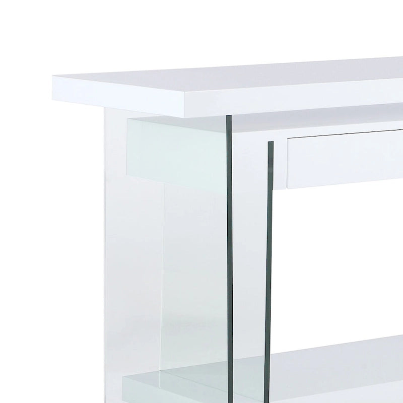 Bureau d'angle en L rotatif, panneaux en verre trempé, 2 tiroirs, 1 étagère, rotation à 360°, style moderne, blanc, 1 personne
