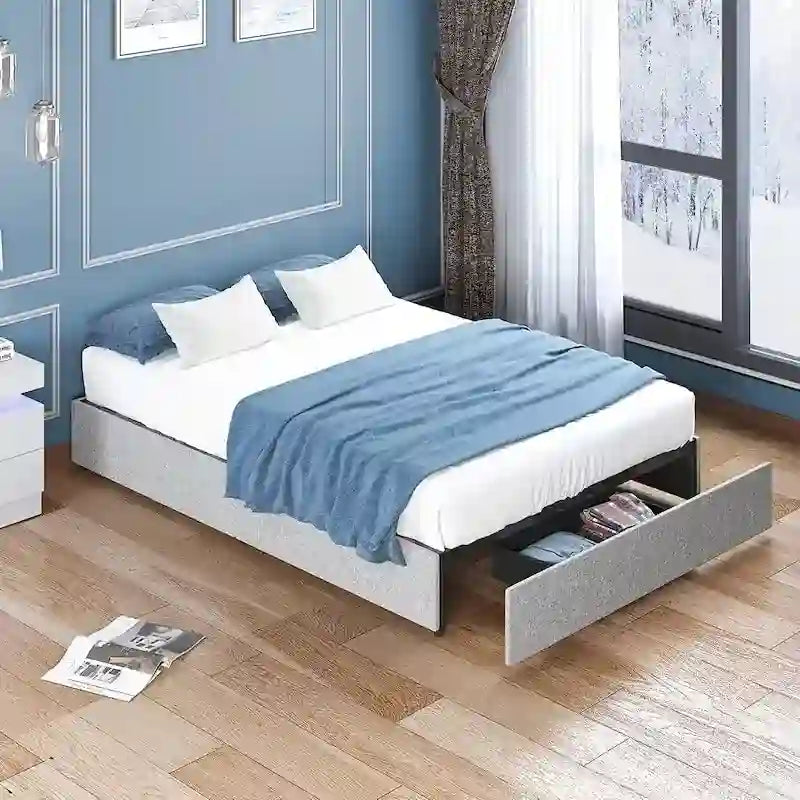 Lit Plateforme avec Tiroirs de Rangement, Tissu Lin, Lattes en Bois, Style Moderne, Beige / Gris Clair / Gris Foncé, Double / Grand Lit / Très Grand Lit, 2 Personnes