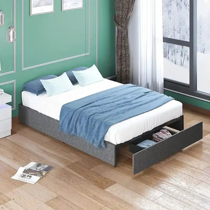 Lit Plateforme avec Tiroirs de Rangement, Tissu Lin, Lattes en Bois, Style Moderne, Beige / Gris Clair / Gris Foncé, Double / Grand Lit / Très Grand Lit, 2 Personnes