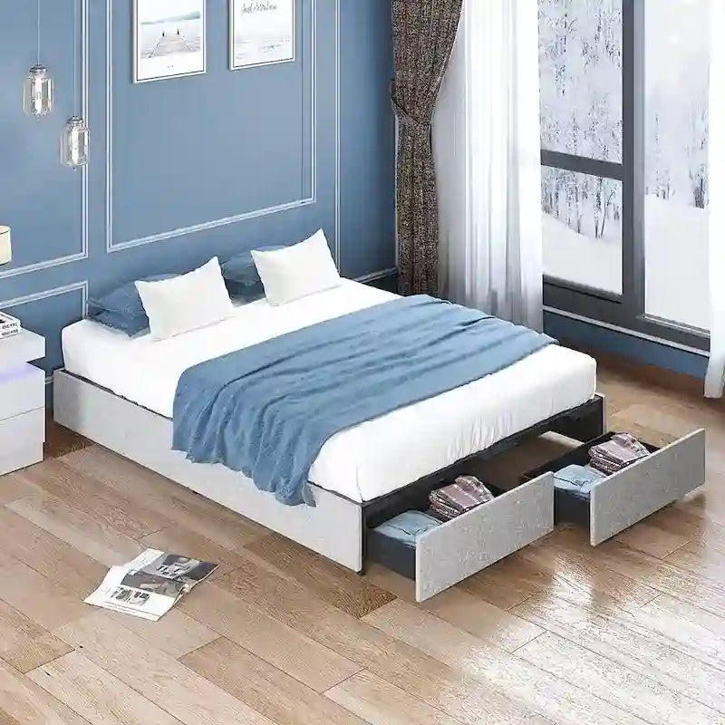 Lit Plateforme avec Tiroirs de Rangement, Tissu Lin, Lattes en Bois, Style Moderne, Beige / Gris Clair / Gris Foncé, Double / Grand Lit / Très Grand Lit, 2 Personnes