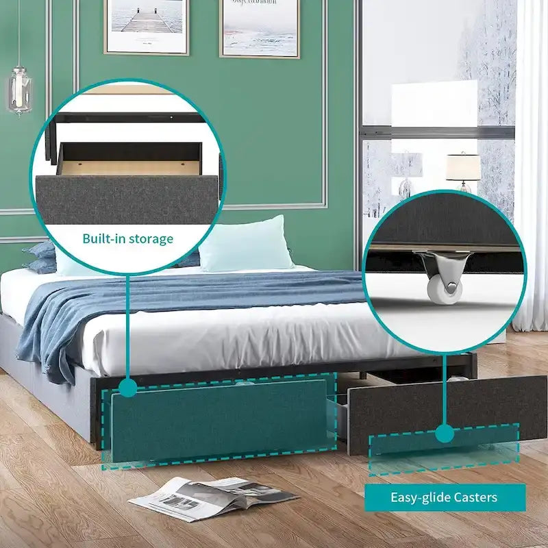 Lit Plateforme avec Tiroirs de Rangement, Tissu Lin, Lattes en Bois, Style Moderne, Beige / Gris Clair / Gris Foncé, Double / Grand Lit / Très Grand Lit, 2 Personnes
