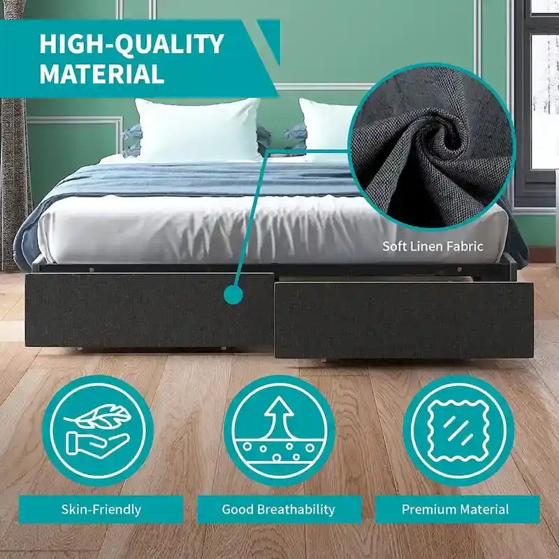Lit Plateforme avec Tiroirs de Rangement, Tissu Lin, Lattes en Bois, Style Moderne, Beige / Gris Clair / Gris Foncé, Double / Grand Lit / Très Grand Lit, 2 Personnes