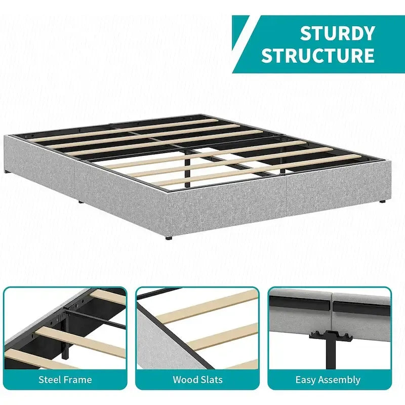Lit Plateforme avec Tiroirs de Rangement, Tissu Lin, Lattes en Bois, Style Moderne, Beige / Gris Clair / Gris Foncé, Double / Grand Lit / Très Grand Lit, 2 Personnes