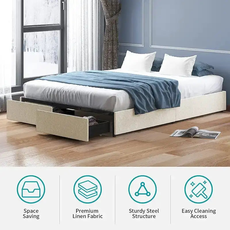 Lit Plateforme avec Tiroirs de Rangement, Tissu Lin, Lattes en Bois, Style Moderne, Beige / Gris Clair / Gris Foncé, Double / Grand Lit / Très Grand Lit, 2 Personnes