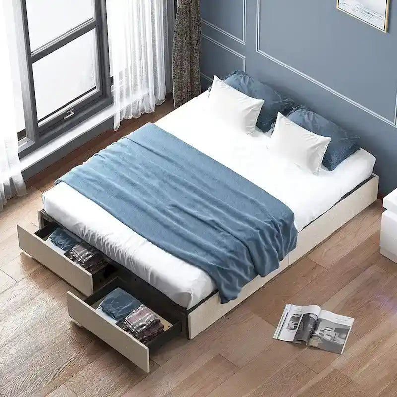 Lit Plateforme avec Tiroirs de Rangement, Tissu Lin, Lattes en Bois, Style Moderne, Beige / Gris Clair / Gris Foncé, Double / Grand Lit / Très Grand Lit, 2 Personnes