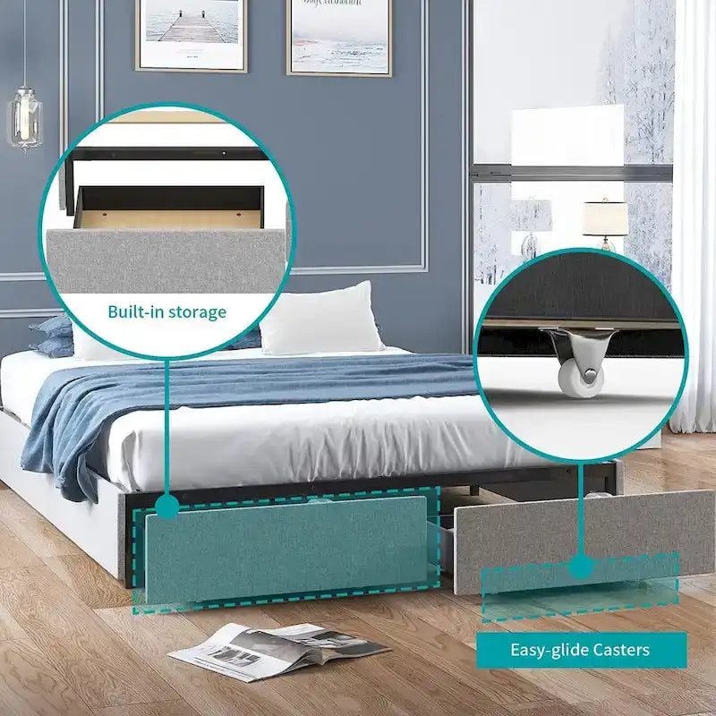 Lit Plateforme avec Tiroirs de Rangement, Tissu Lin, Lattes en Bois, Style Moderne, Beige / Gris Clair / Gris Foncé, Double / Grand Lit / Très Grand Lit, 2 Personnes
