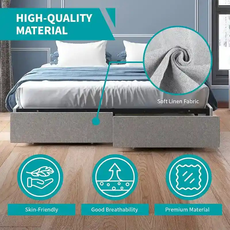 Lit Plateforme avec Tiroirs de Rangement, Tissu Lin, Lattes en Bois, Style Moderne, Beige / Gris Clair / Gris Foncé, Double / Grand Lit / Très Grand Lit, 2 Personnes