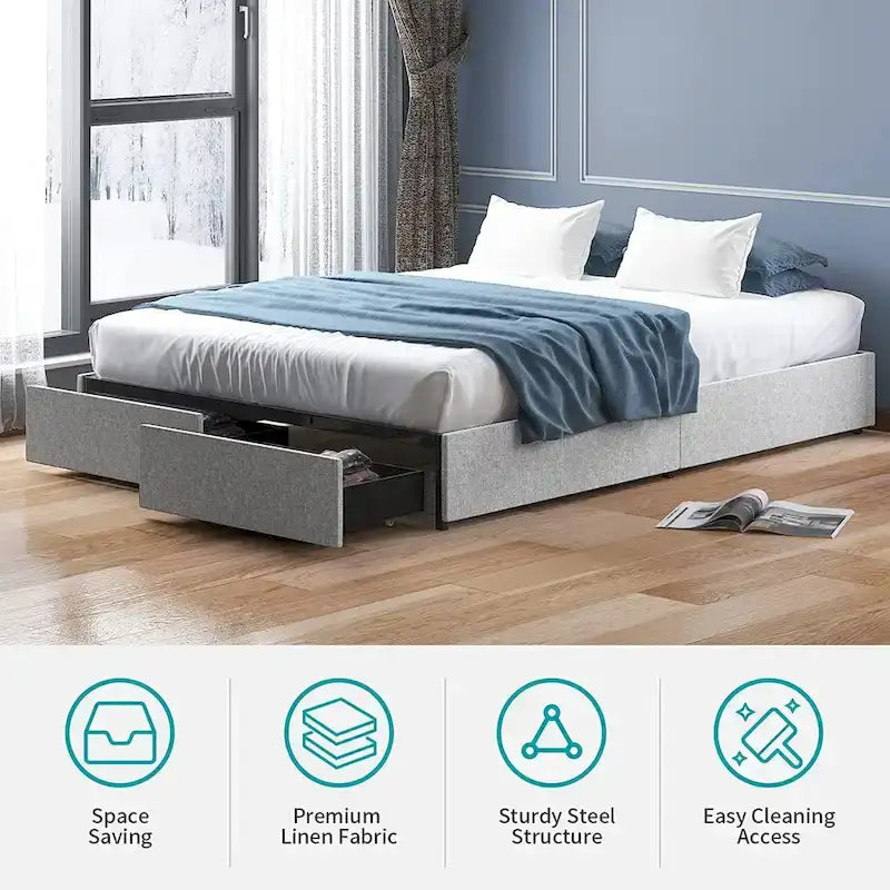 Lit Plateforme avec Tiroirs de Rangement, Tissu Lin, Lattes en Bois, Style Moderne, Beige / Gris Clair / Gris Foncé, Double / Grand Lit / Très Grand Lit, 2 Personnes
