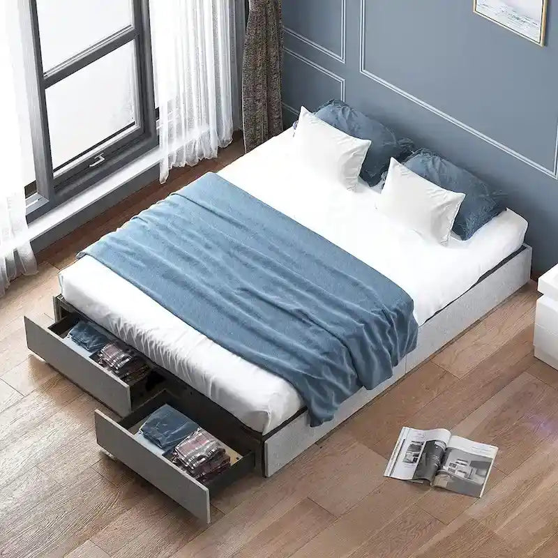 Lit Plateforme avec Tiroirs de Rangement, Tissu Lin, Lattes en Bois, Style Moderne, Beige / Gris Clair / Gris Foncé, Double / Grand Lit / Très Grand Lit, 2 Personnes