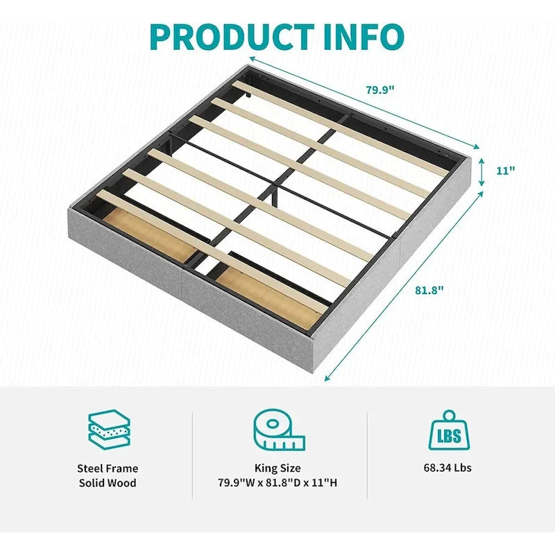 Lit Plateforme avec Tiroirs de Rangement, Tissu Lin, Lattes en Bois, Style Moderne, Beige / Gris Clair / Gris Foncé, Double / Grand Lit / Très Grand Lit, 2 Personnes