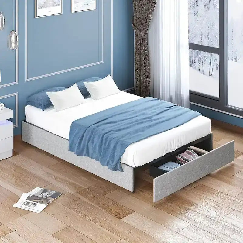 Lit Plateforme avec Tiroirs de Rangement, Tissu Lin, Lattes en Bois, Style Moderne, Beige / Gris Clair / Gris Foncé, Double / Grand Lit / Très Grand Lit, 2 Personnes