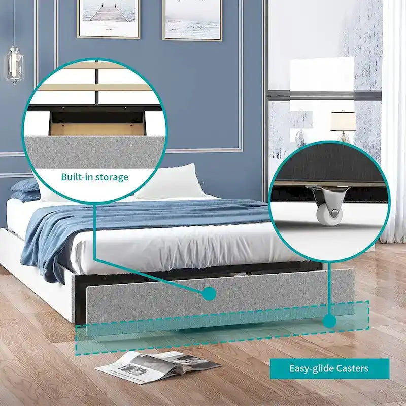 Lit Plateforme avec Tiroirs de Rangement, Tissu Lin, Lattes en Bois, Style Moderne, Beige / Gris Clair / Gris Foncé, Double / Grand Lit / Très Grand Lit, 2 Personnes