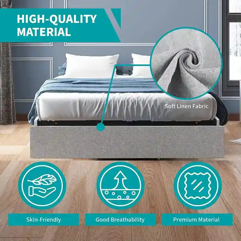 Lit Plateforme avec Tiroirs de Rangement, Tissu Lin, Lattes en Bois, Style Moderne, Beige / Gris Clair / Gris Foncé, Double / Grand Lit / Très Grand Lit, 2 Personnes