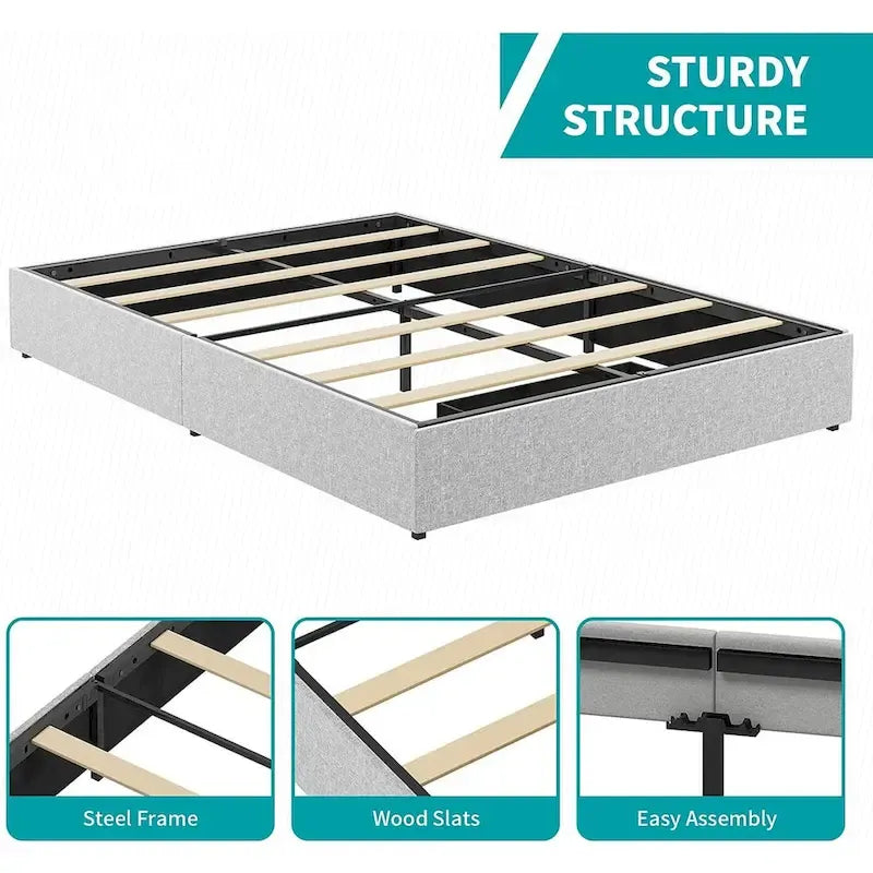 Lit Plateforme avec Tiroirs de Rangement, Tissu Lin, Lattes en Bois, Style Moderne, Beige / Gris Clair / Gris Foncé, Double / Grand Lit / Très Grand Lit, 2 Personnes