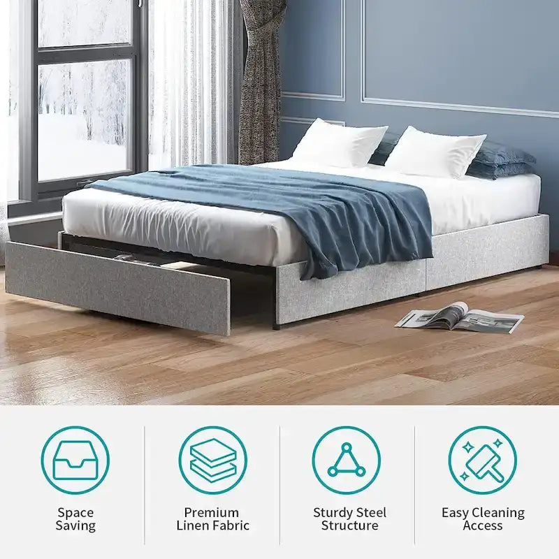 Lit Plateforme avec Tiroirs de Rangement, Tissu Lin, Lattes en Bois, Style Moderne, Beige / Gris Clair / Gris Foncé, Double / Grand Lit / Très Grand Lit, 2 Personnes
