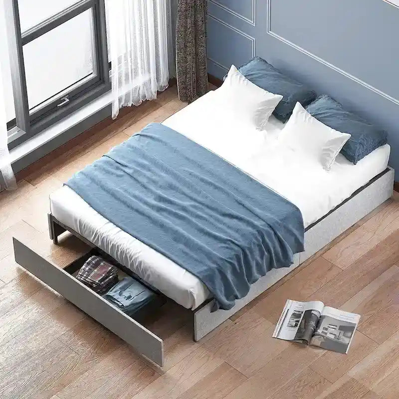 Lit Plateforme avec Tiroirs de Rangement, Tissu Lin, Lattes en Bois, Style Moderne, Beige / Gris Clair / Gris Foncé, Double / Grand Lit / Très Grand Lit, 2 Personnes