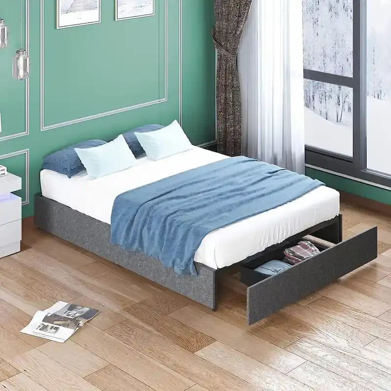 Lit Plateforme avec Tiroirs de Rangement, Tissu Lin, Lattes en Bois, Style Moderne, Beige / Gris Clair / Gris Foncé, Double / Grand Lit / Très Grand Lit, 2 Personnes